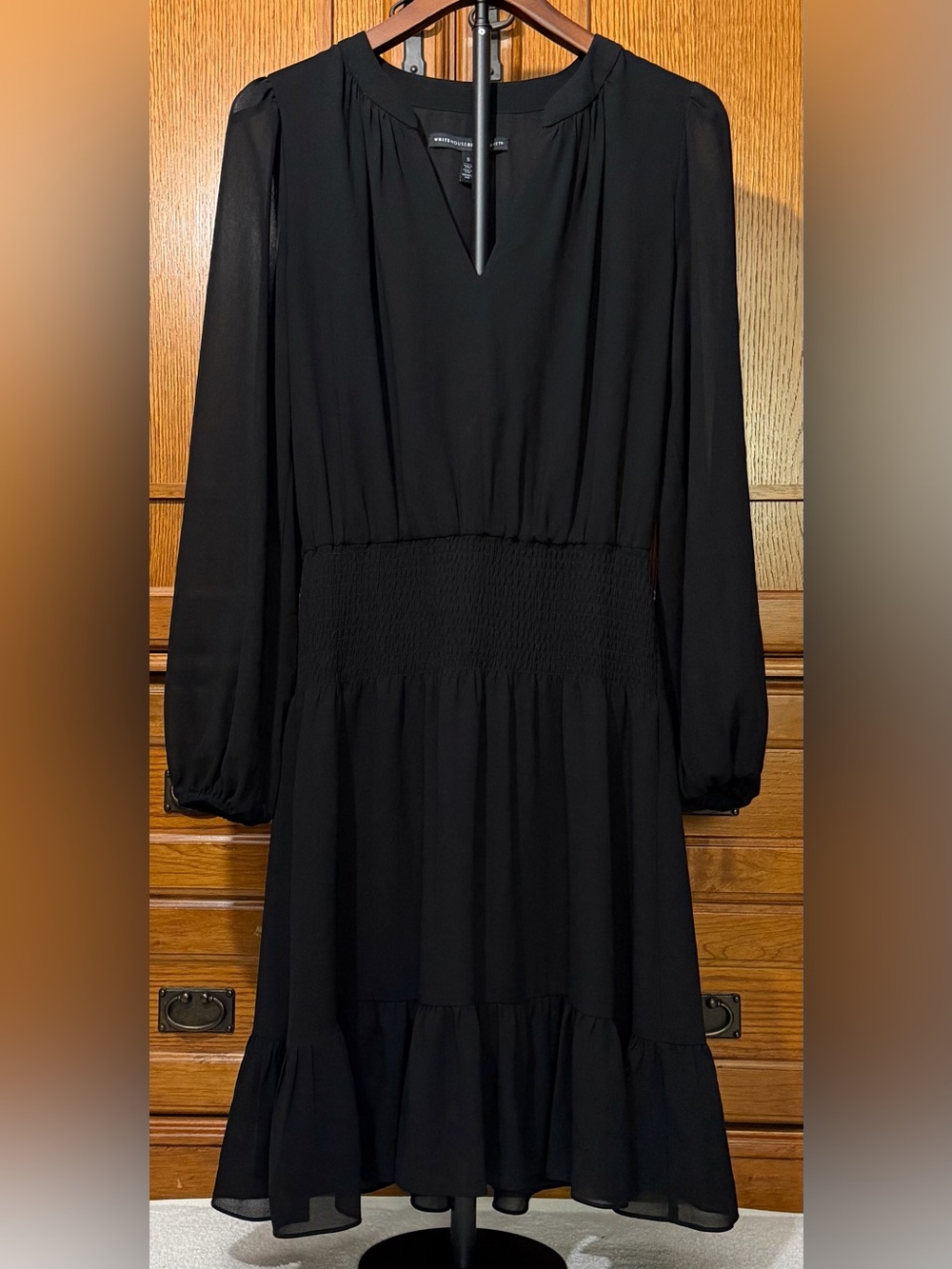 White House Black Market Smock Waist Chiffon Blouson Tier-Ruffle Midi Dress LBD